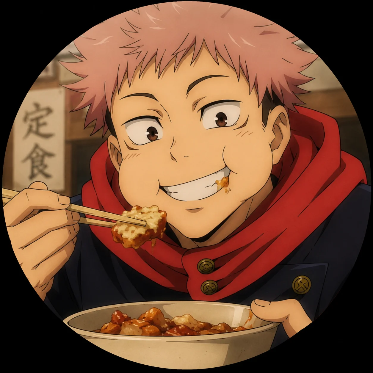 Silly Yuji Itadori pfp with goofy grin mid-bite for lighthearted comedic avatar