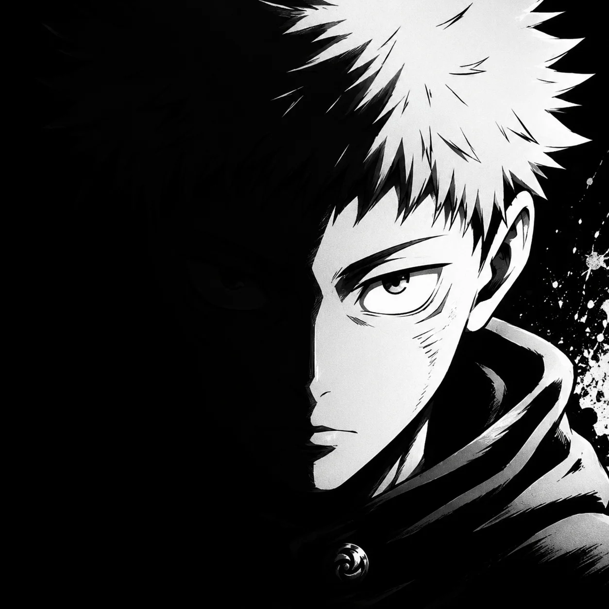 High contrast noir Yuji Itadori pfp with dramatic shadow for bold black and white avatar