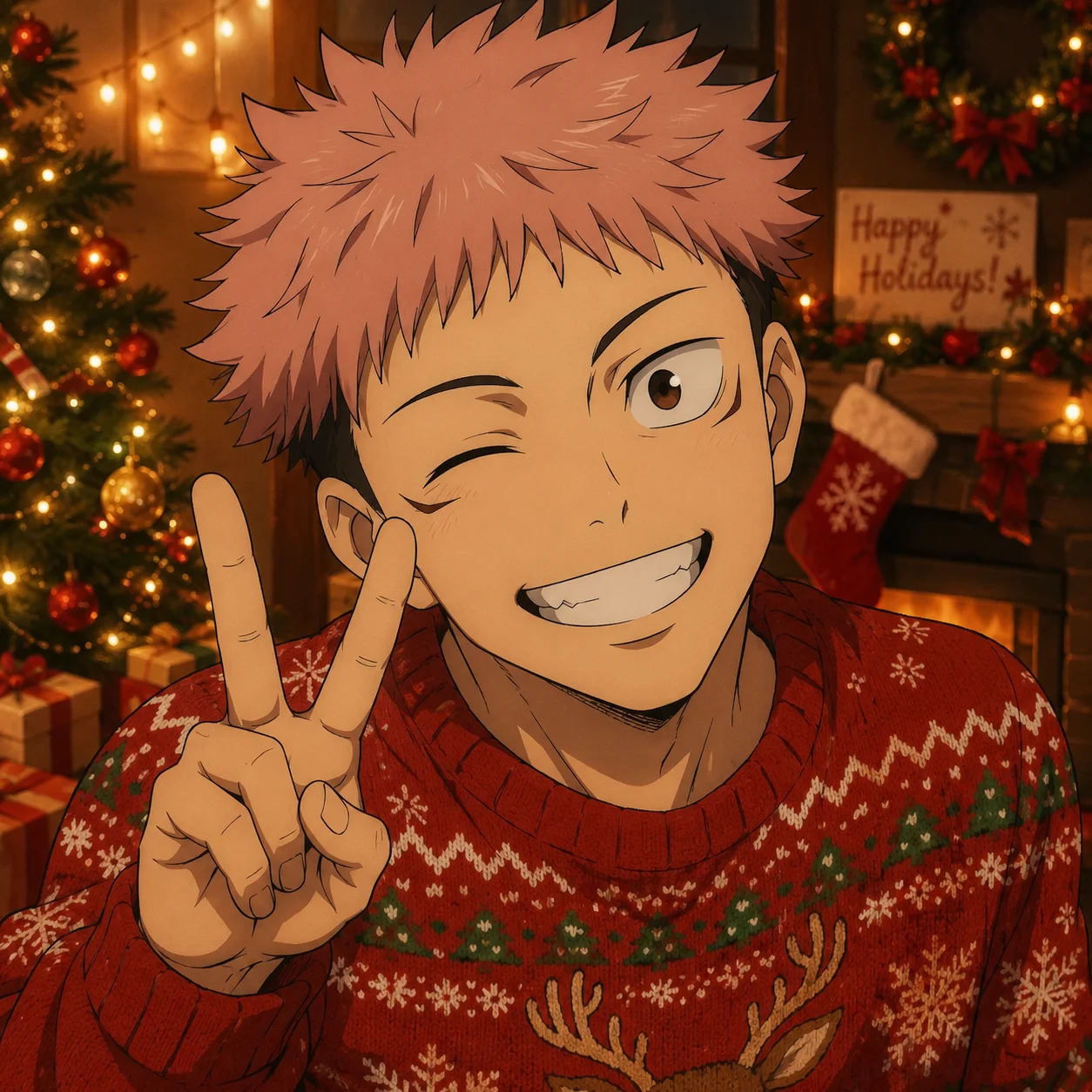 Festive Yuji Itadori pfp in holiday sweater with seasonal decor for Christmas avatar