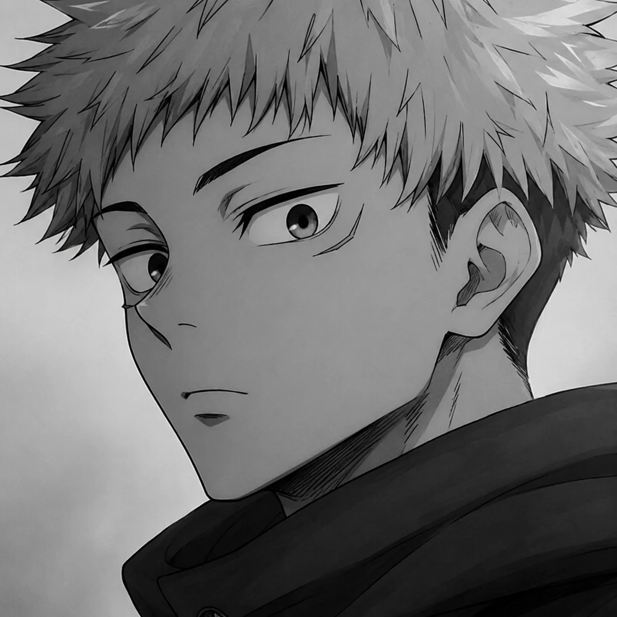 Monochrome Yuji Itadori pfp close-up portrait with grayscale tones for minimalist avatar