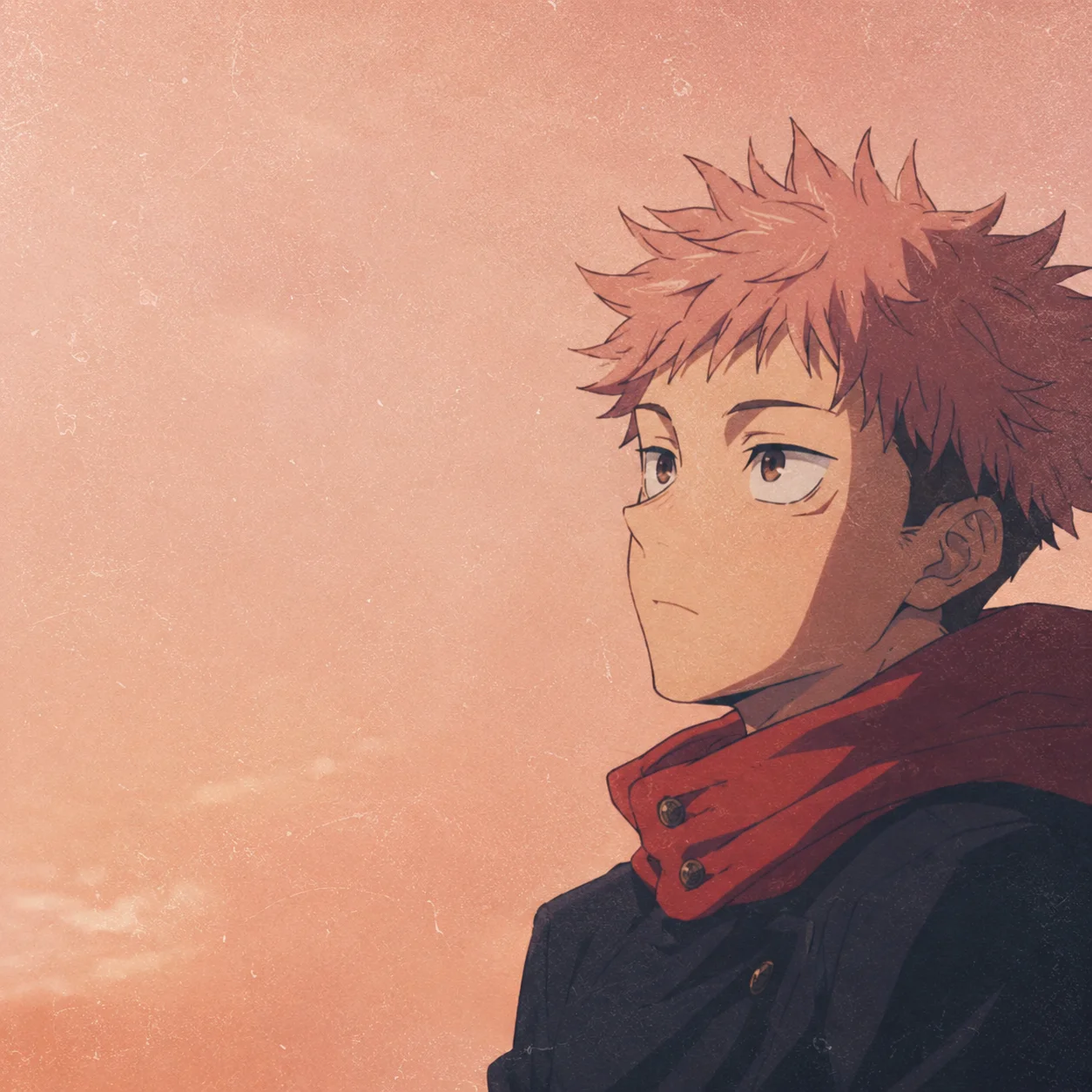 Pastel overlay Yuji Itadori pfp with soft grain texture for curated aesthetic avatar
