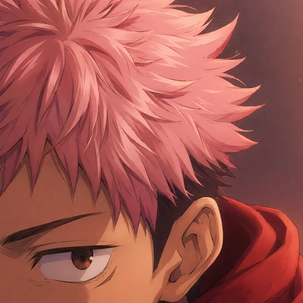 Close-up detail Yuji Itadori pfp showing pink hair texture for aesthetic profile picture