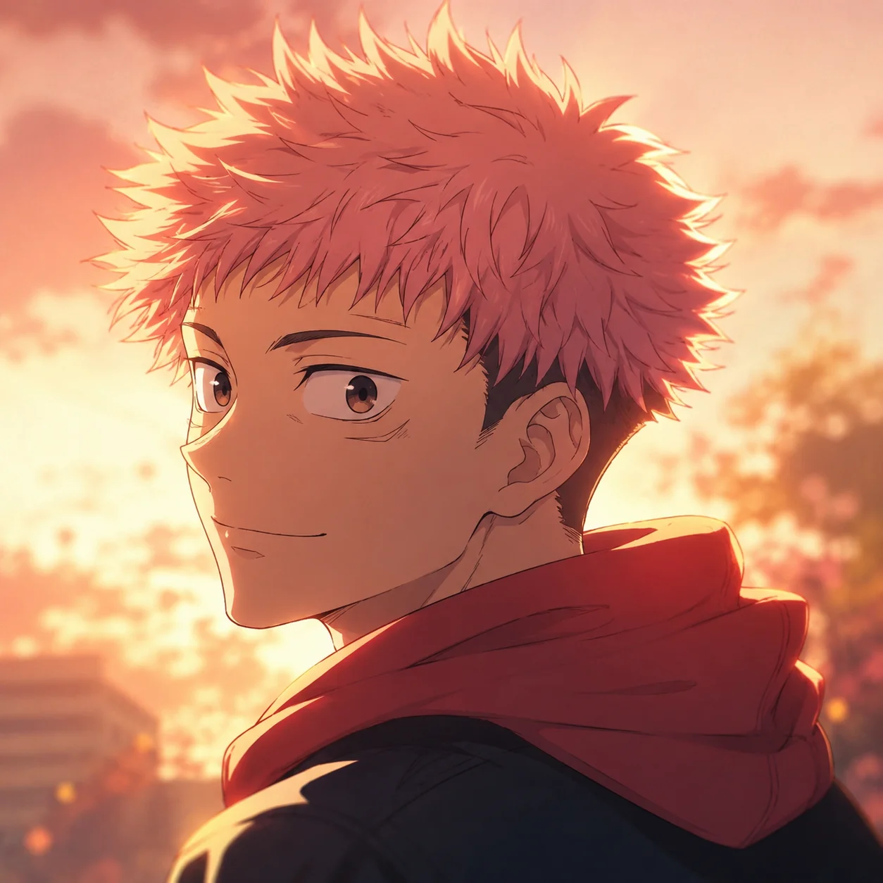 Golden hour lighting Yuji Itadori pfp with pink hair glow for warm aesthetic avatar