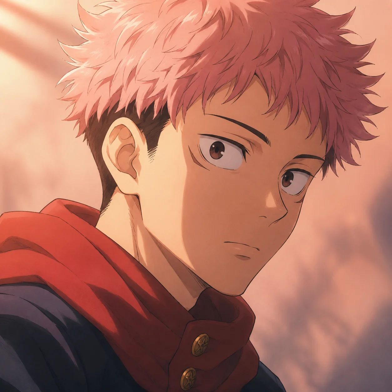 Soft pink hair Yuji Itadori pfp with warm lighting for aesthetic anime profile picture
