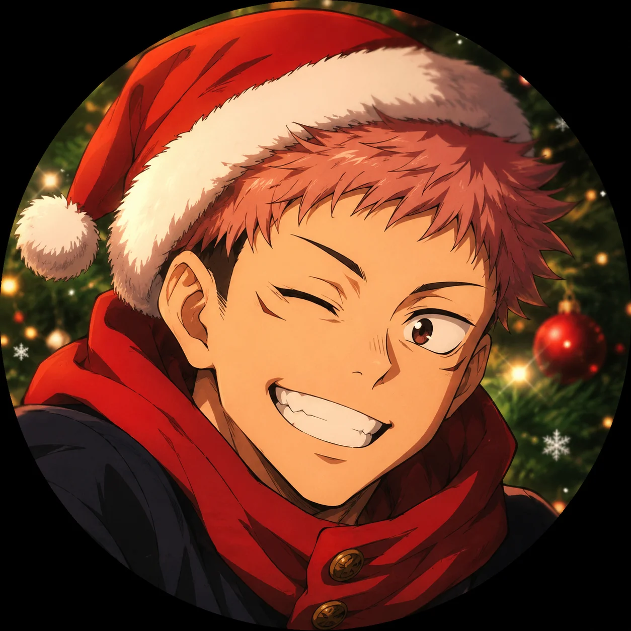 Christmas Yuji Itadori pfp wearing santa hat with festive red green tones for holiday avatar
