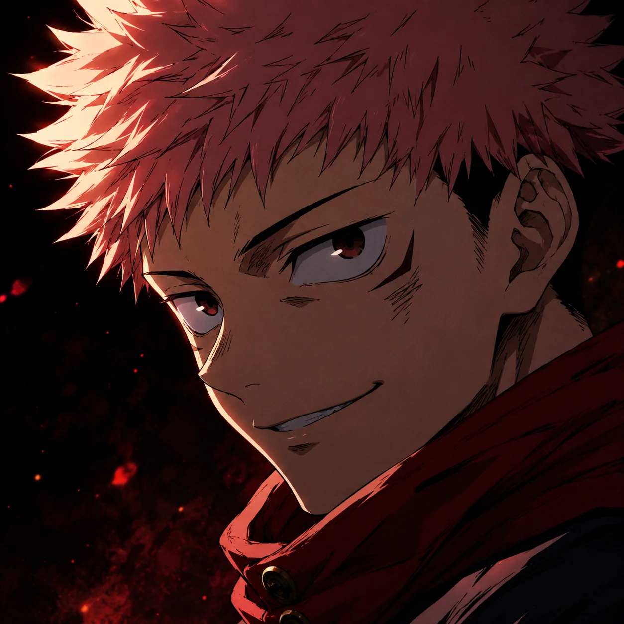 Confident Yuji Itadori pfp close-up with smirking expression and messy pink hair for profile use
