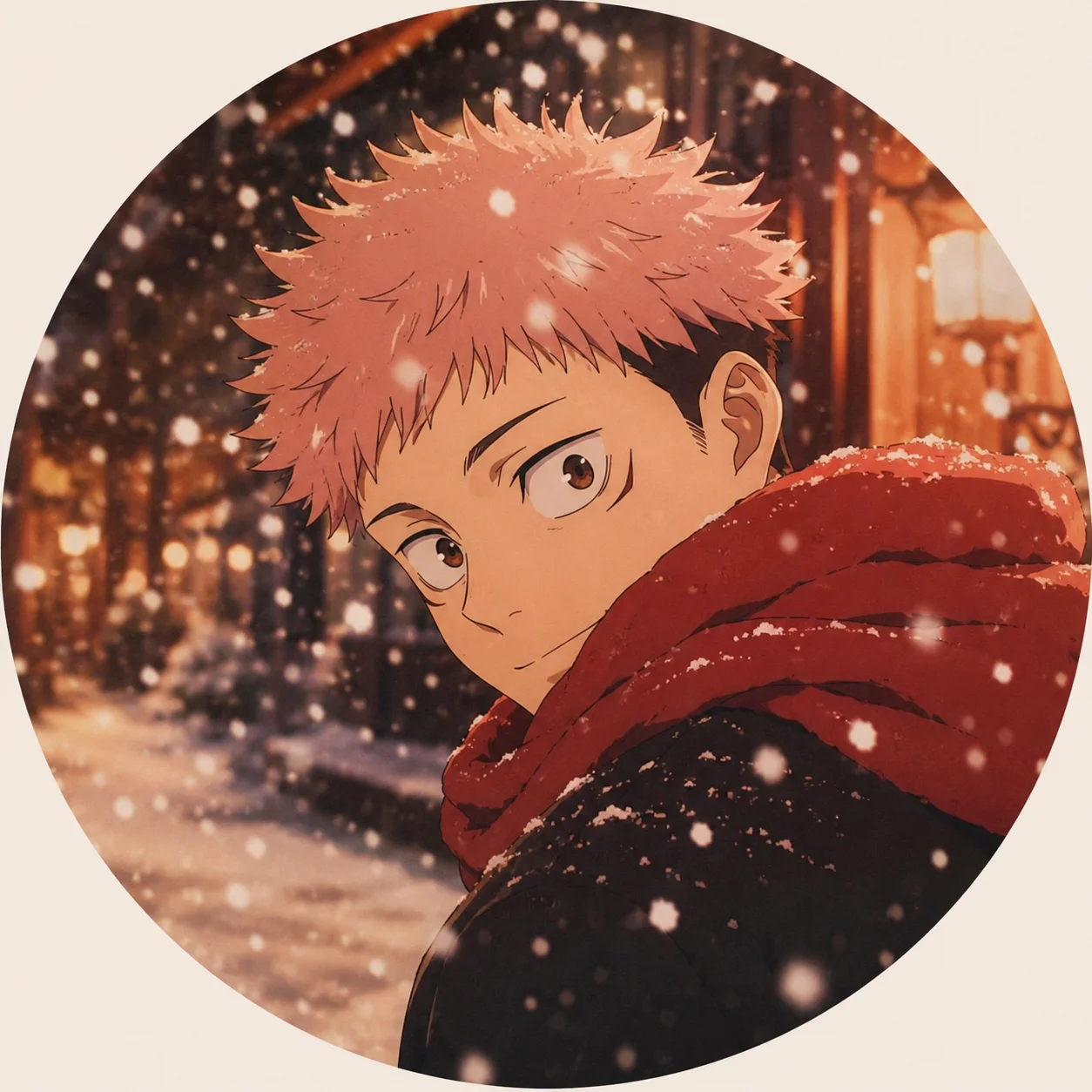 Cozy winter Yuji Itadori pfp with snow effects and warm color tones for holiday profile