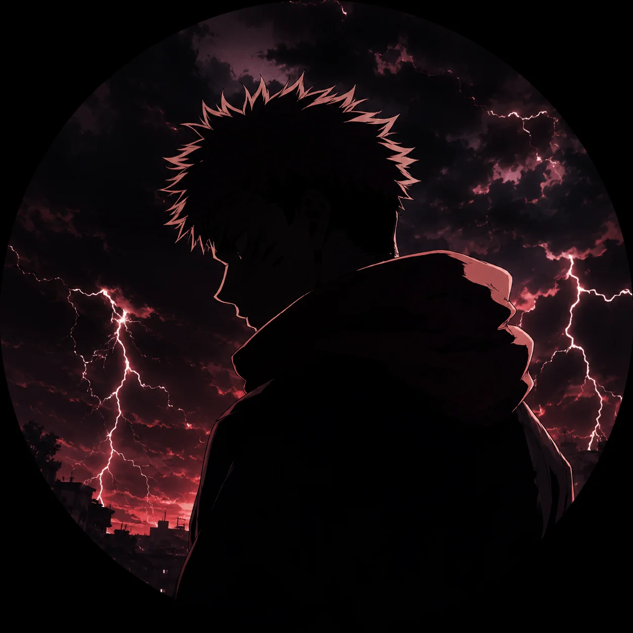 Silhouetted Yuji Itadori pfp against stormy dark sky for brooding aesthetic profile picture