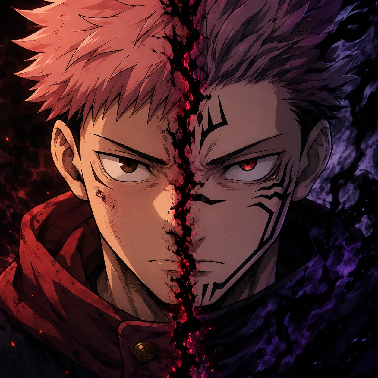 Split face Yuji Itadori pfp with Sukuna duality edit showing vessel transformation theme