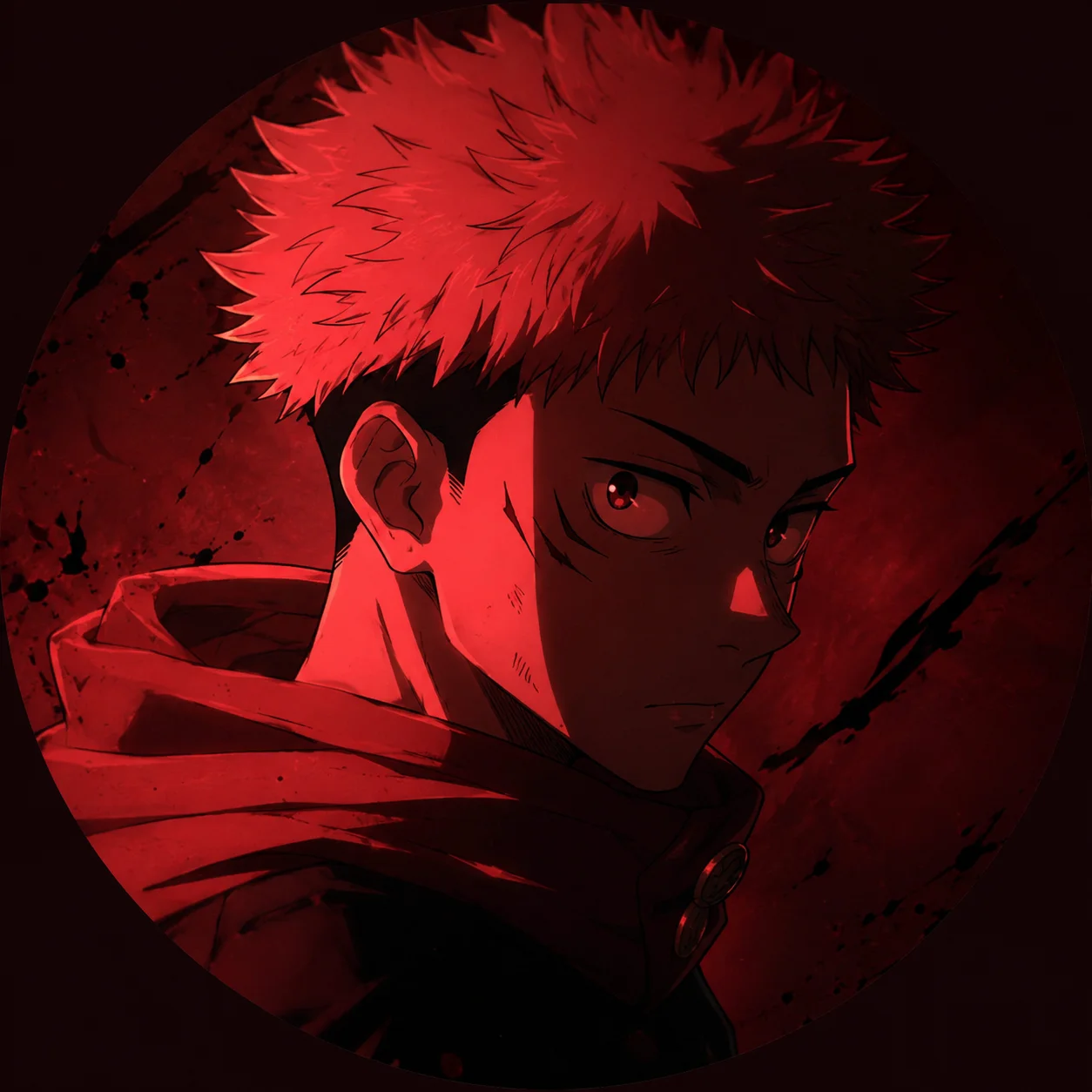 Dark red toned Yuji Itadori pfp with vessel theme lighting for Sukuna aesthetic profile