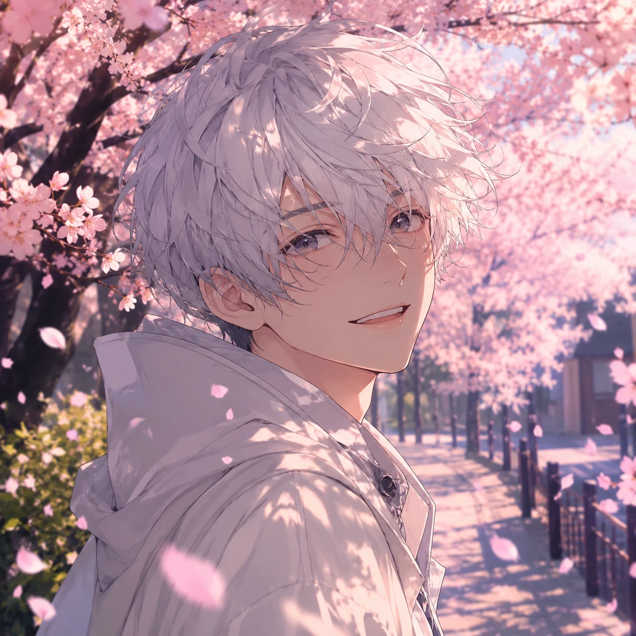 HD aesthetic anime boy icon with falling cherry blossom petals