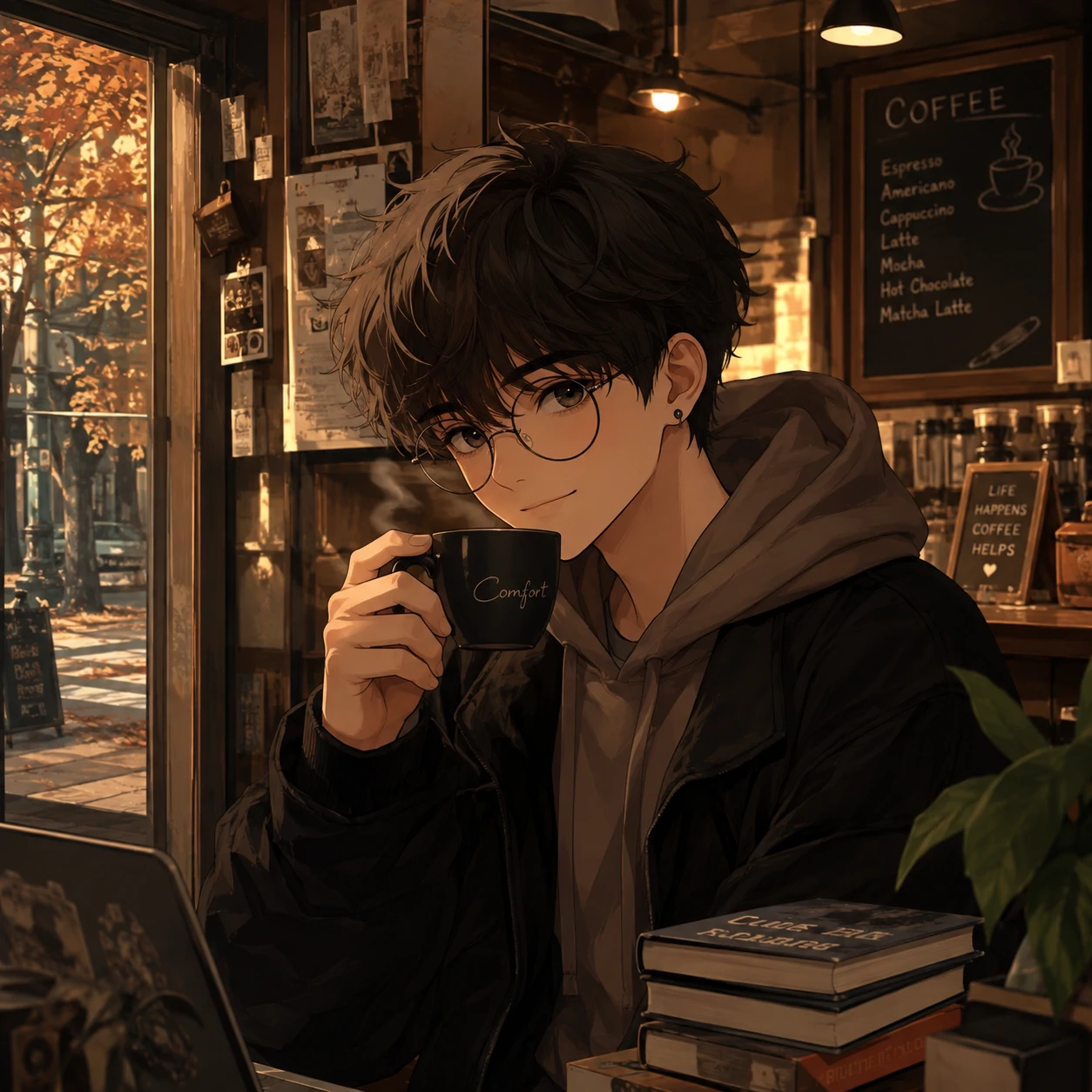 Soft aesthetic anime boy PFP holding a coffee cup in a cozy café