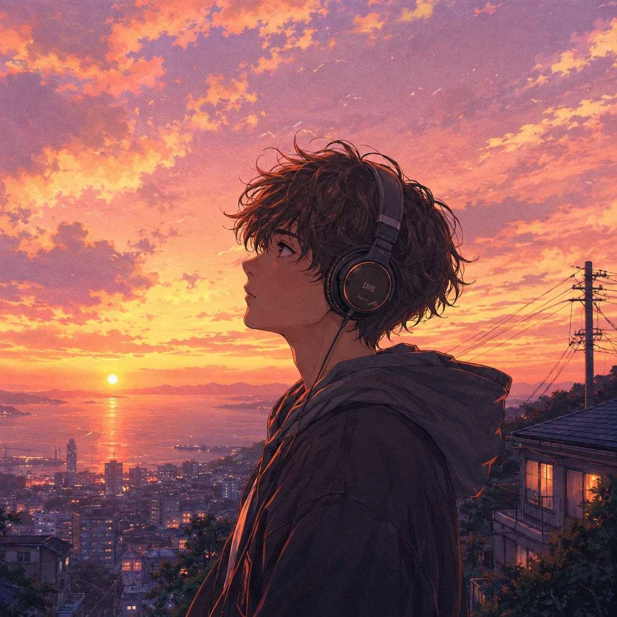 Aesthetic anime boy PFP with soft pastel sunset background and headphones