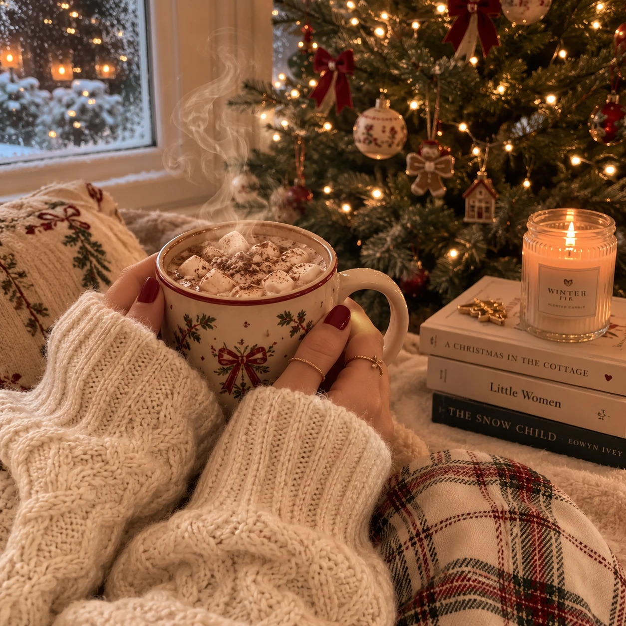 Aesthetic Christmas profile picture of hands holding a warm mug in a cream cable knit sweater