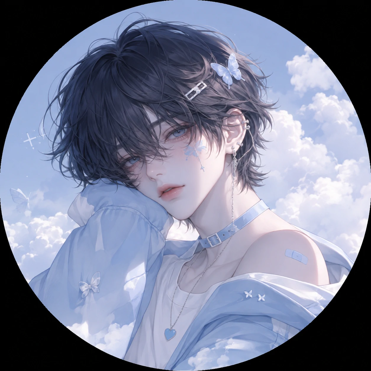 Dreamy aesthetic femboy pfp with cloud background and pale blue outfit
