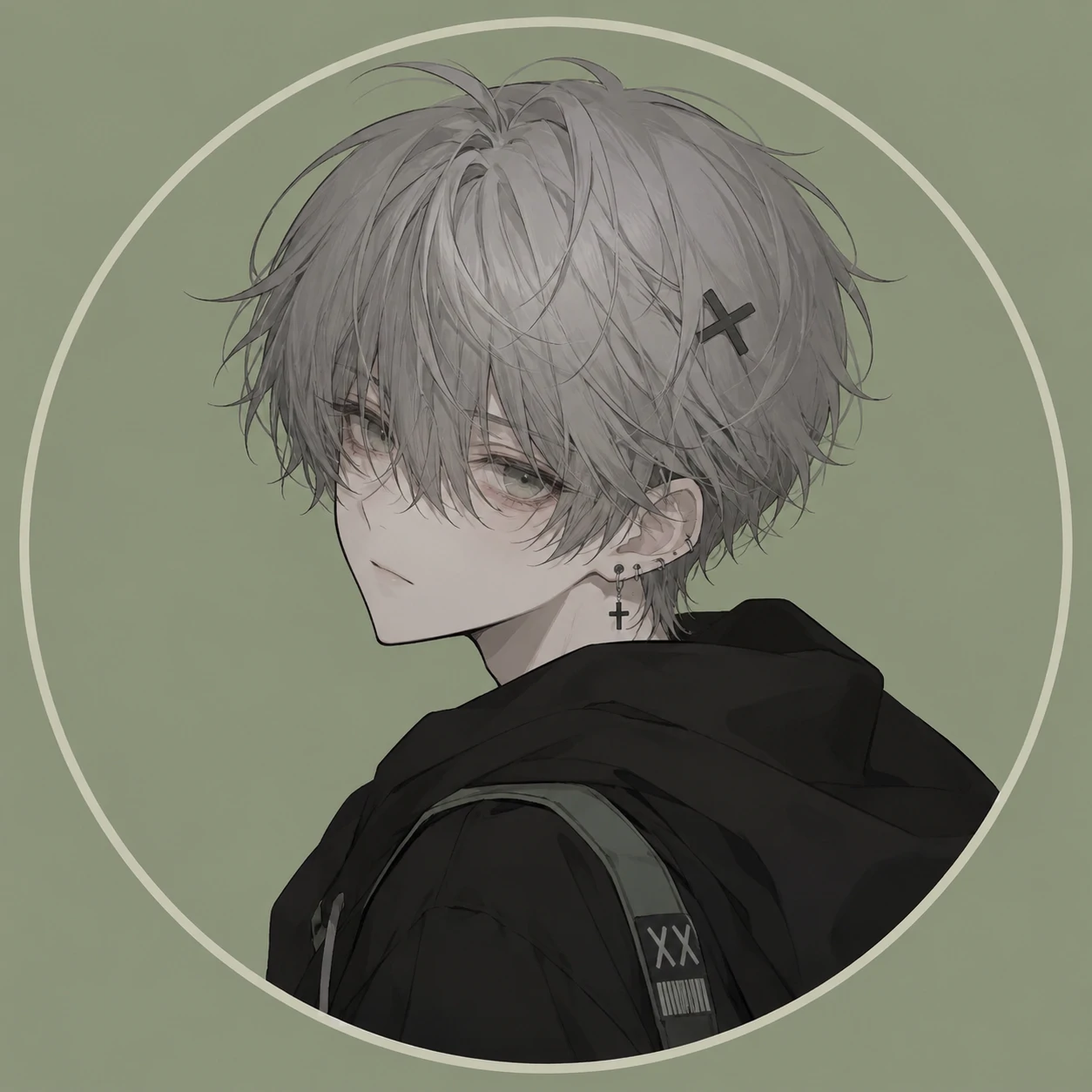 Minimal aesthetic femboy pfp with sage green background and gray hair