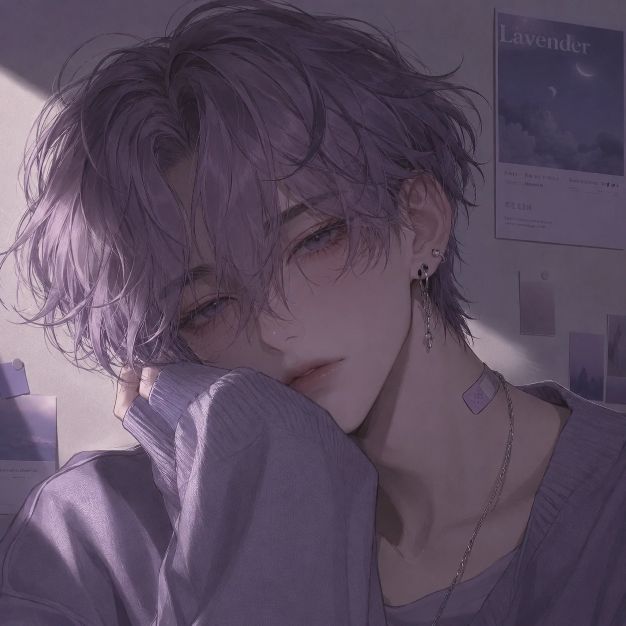 Aesthetic femboy pfp with muted lavender tones and soft side lighting