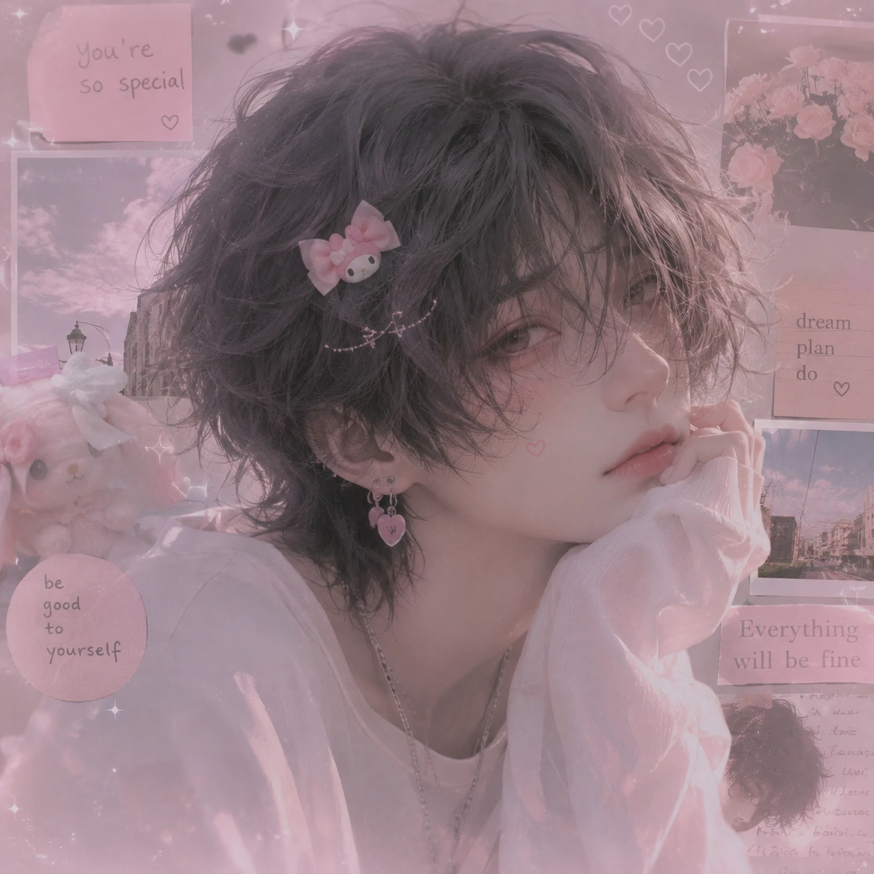 Pastel aesthetic femboy pfp with pink haze and Pinterest moodboard styling