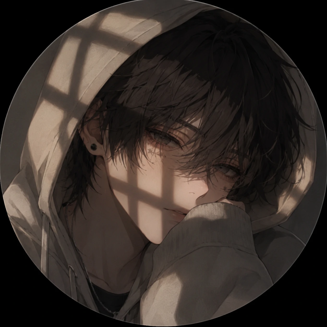 Aesthetic femboy pfp with window shadow pattern across face and hoodie