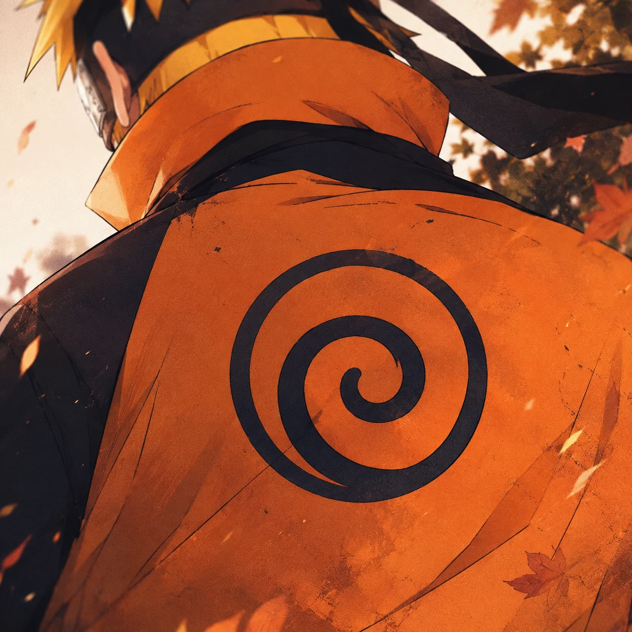 Aesthetic cropped Naruto PFP with orange cloak and Uzumaki spiral detail