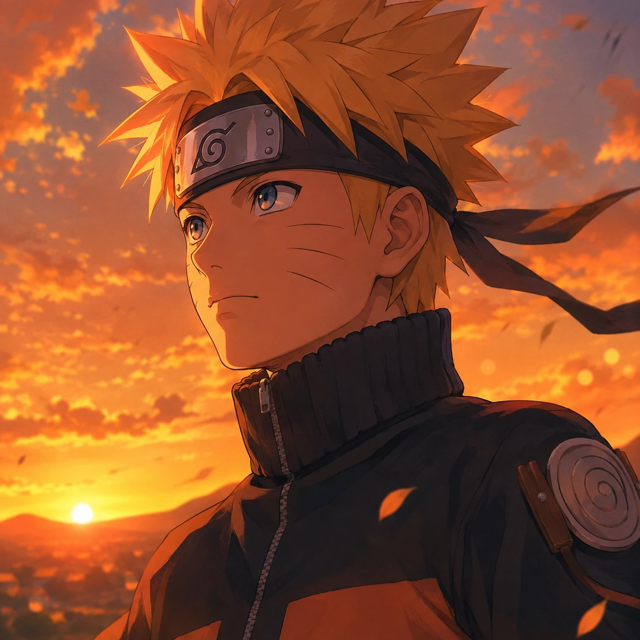 Aesthetic Naruto Uzumaki PFP with warm orange sunset lighting and soft grading