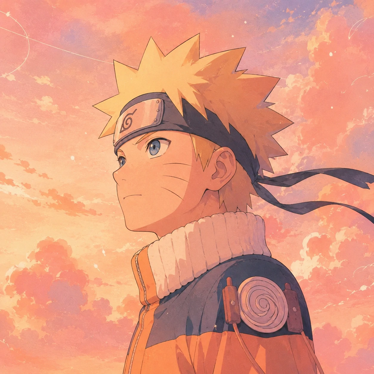 Pastel orange aesthetic Naruto Uzumaki PFP with soft pink cloud backdrop
