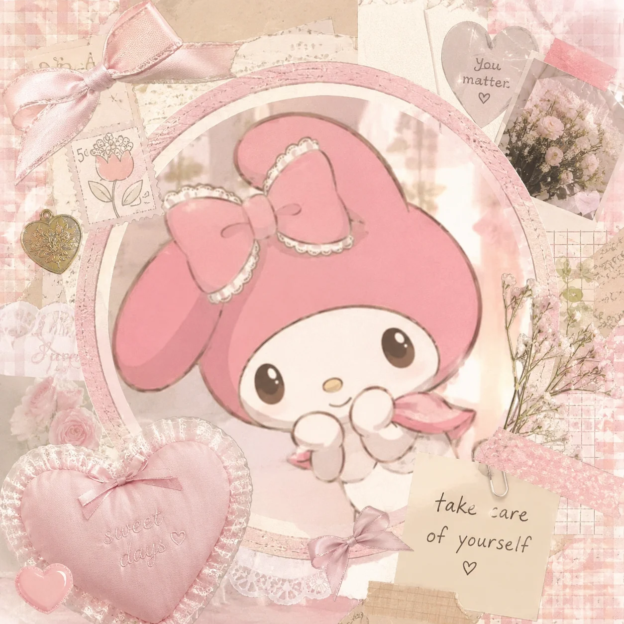 Aesthetic Pinterest My Melody PFP with pastel collage feel and soft lighting