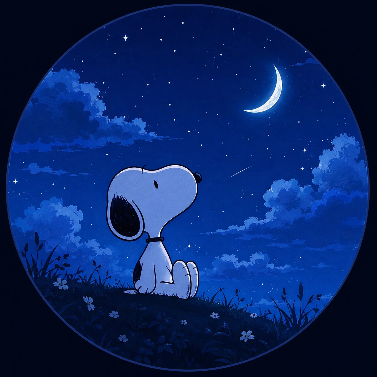 Snoopy under a deep blue night sky in an aesthetic profile picture