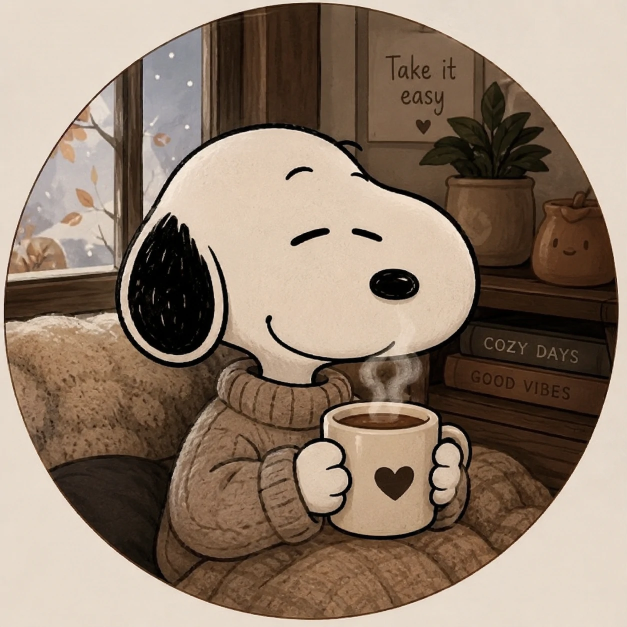 Snoopy holding a coffee mug in a cozy aesthetic Snoopy PFP