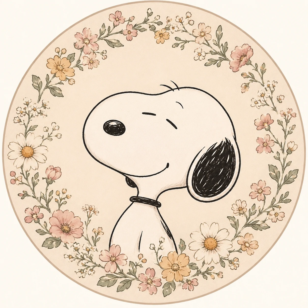 Snoopy framed by small flowers in an aesthetic Snoopy profile picture