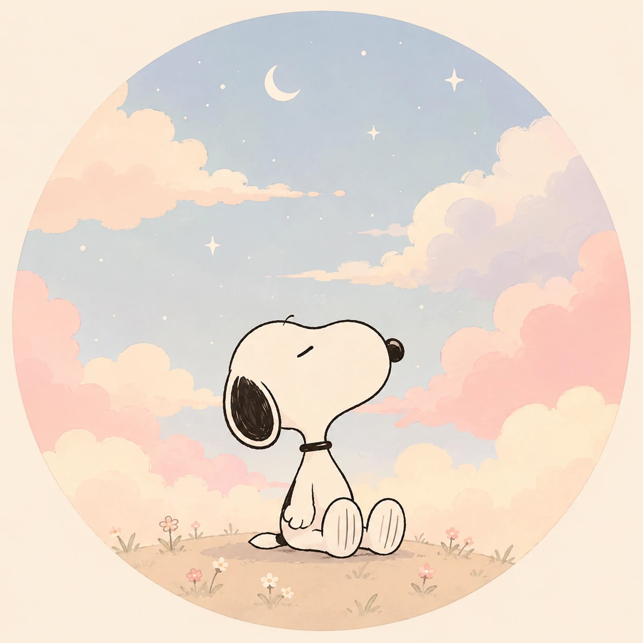 Snoopy sitting under pastel clouds in a soft aesthetic Snoopy PFP
