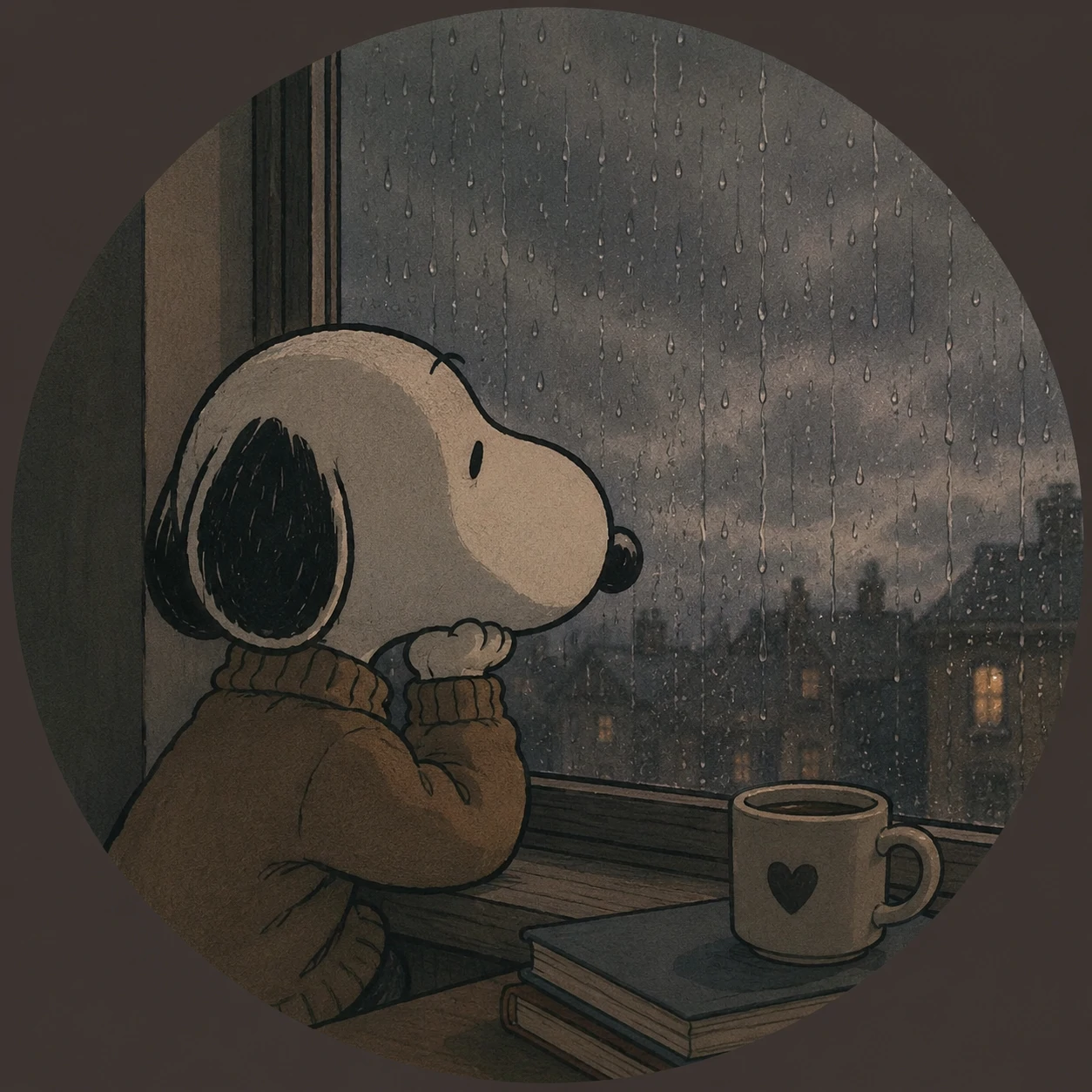 Snoopy by a rainy window in a muted aesthetic profile picture