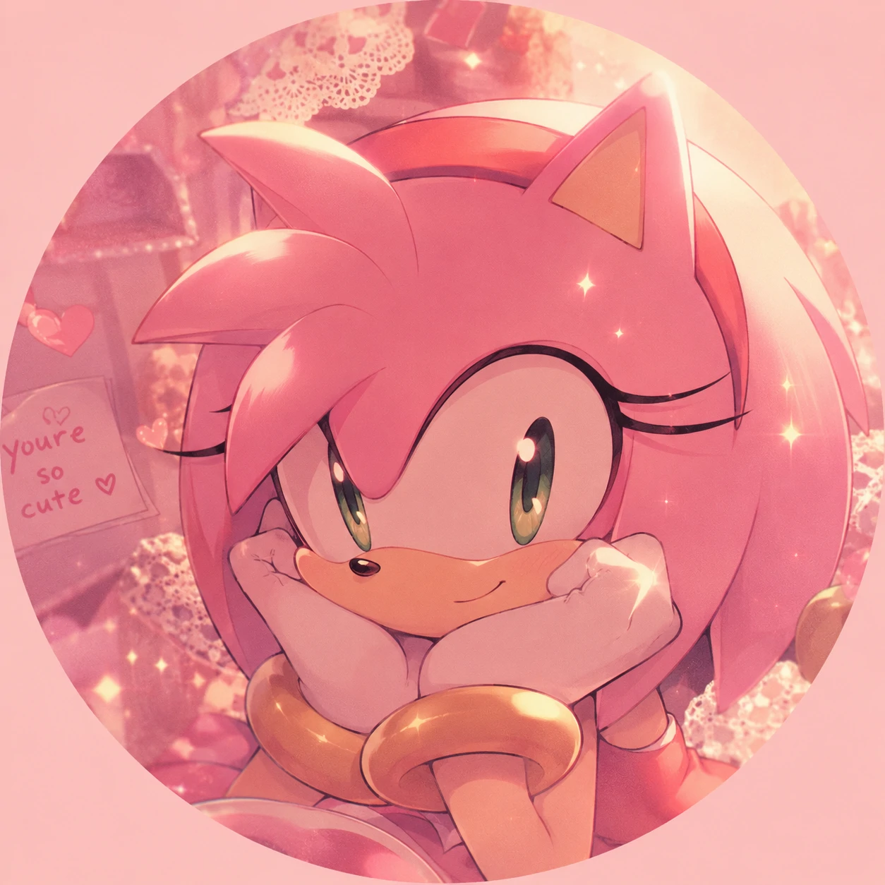 Amy Rose aesthetic PFP with soft pink pastels and warm glow overlay.