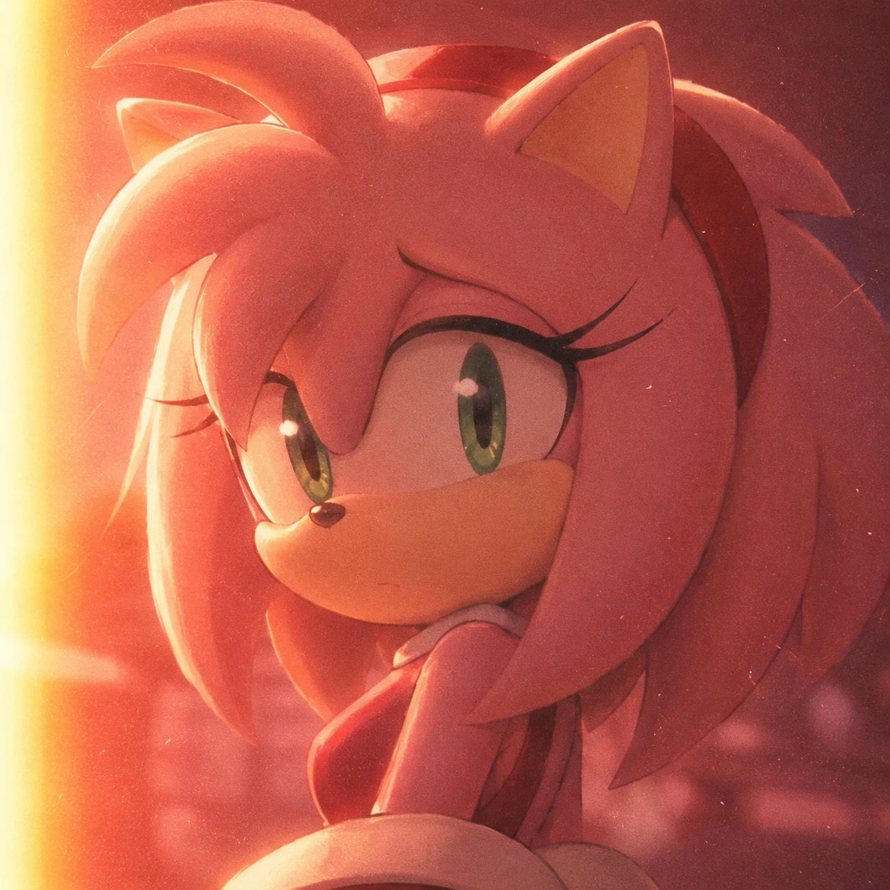 Amy Rose aesthetic profile picture with soft warm light leak.