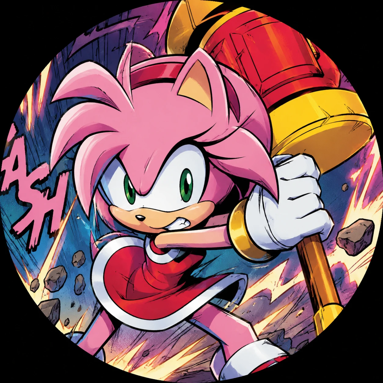 Colourful IDW action Amy Rose PFP icon.