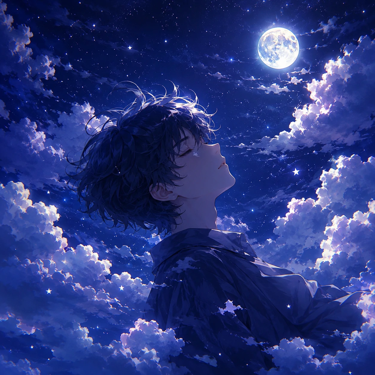 Aesthetic anime boy profile picture floating among moonlit clouds