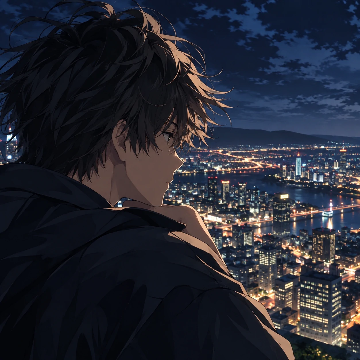 4K anime boy PFP overlooking detailed glowing city lights at night