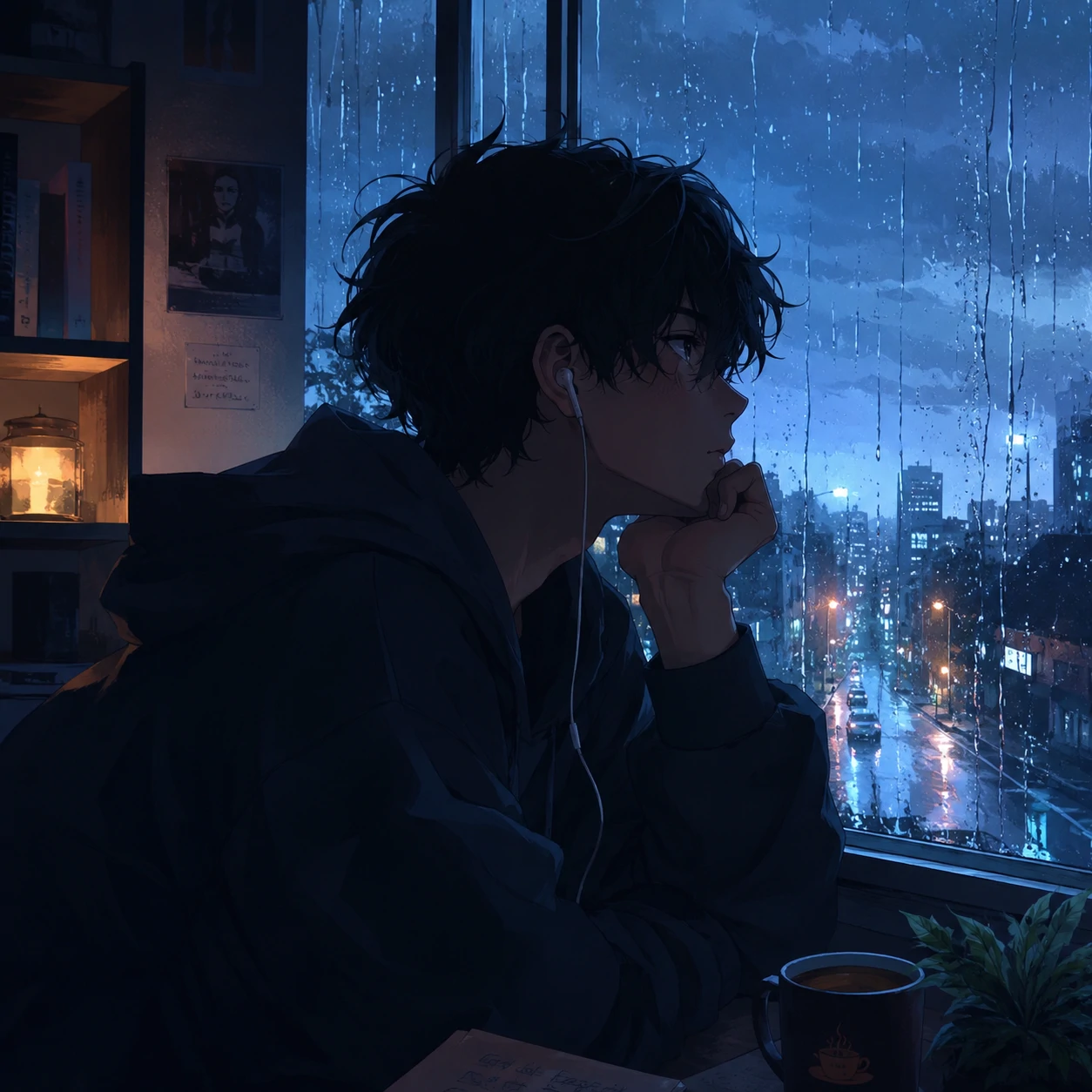 Aesthetic anime boy profile picture gazing out a rainy window in lo-fi style