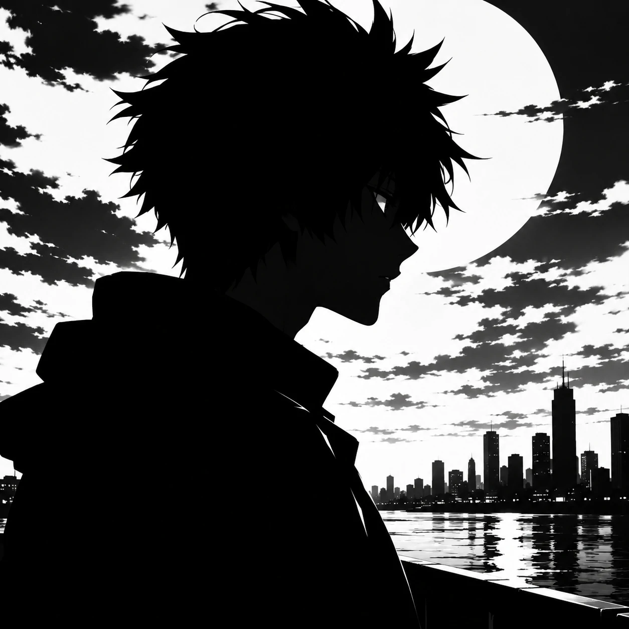 Black and white anime boy PFP as a high-contrast silhouette profile