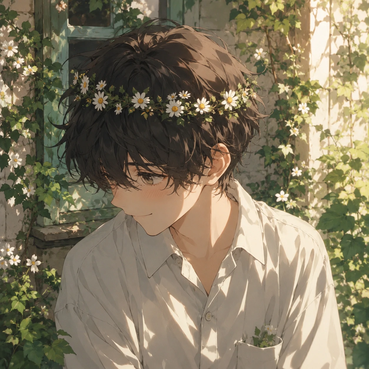 Shy cute anime boy PFP wearing a small flower crown