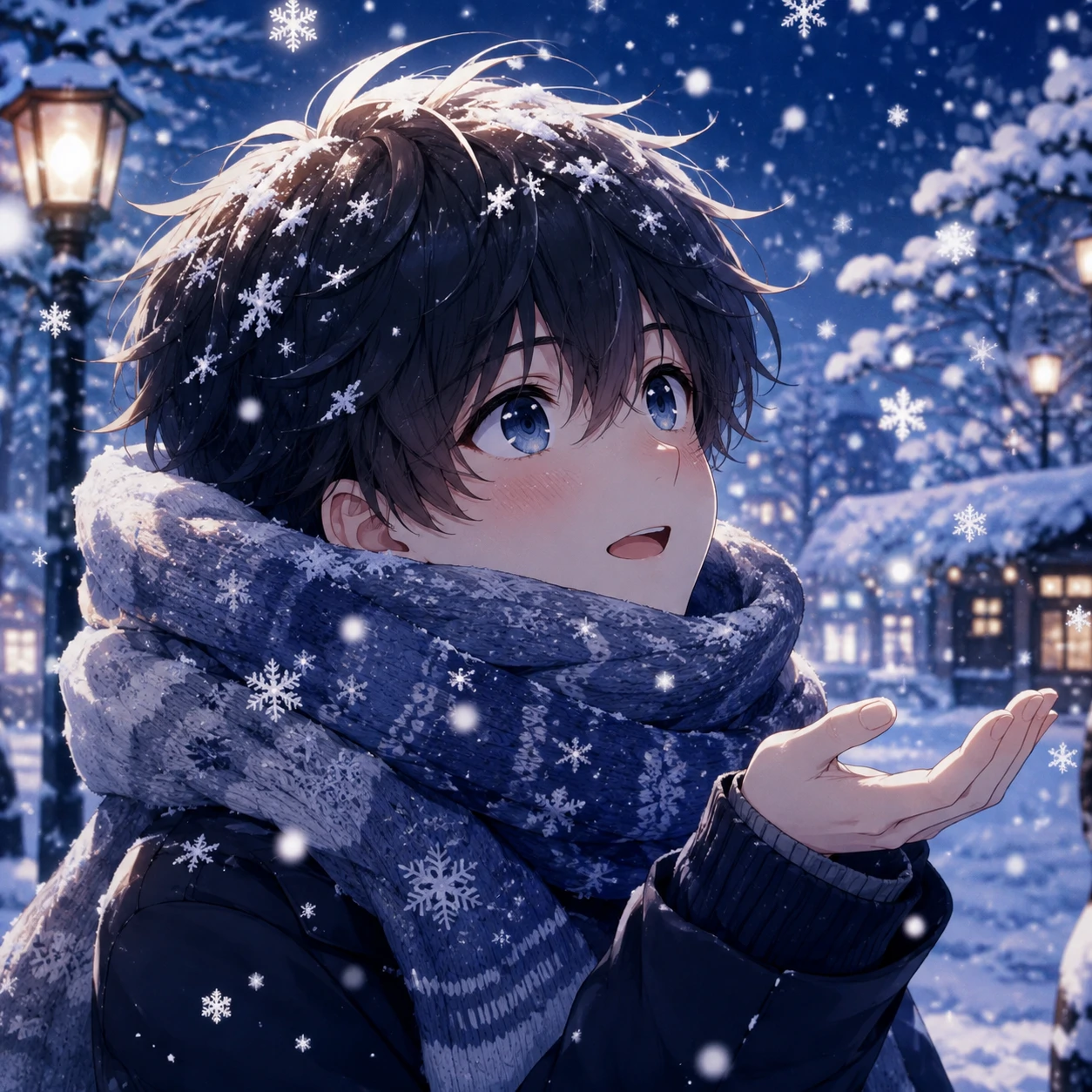 Cute anime boy PFP in a cozy winter scarf with falling snow