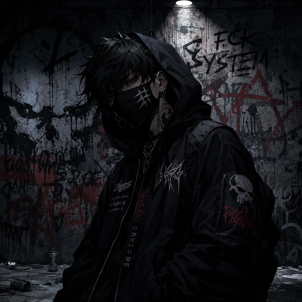 Dark anime boy PFP wearing a black mask with underground graffiti backdrop