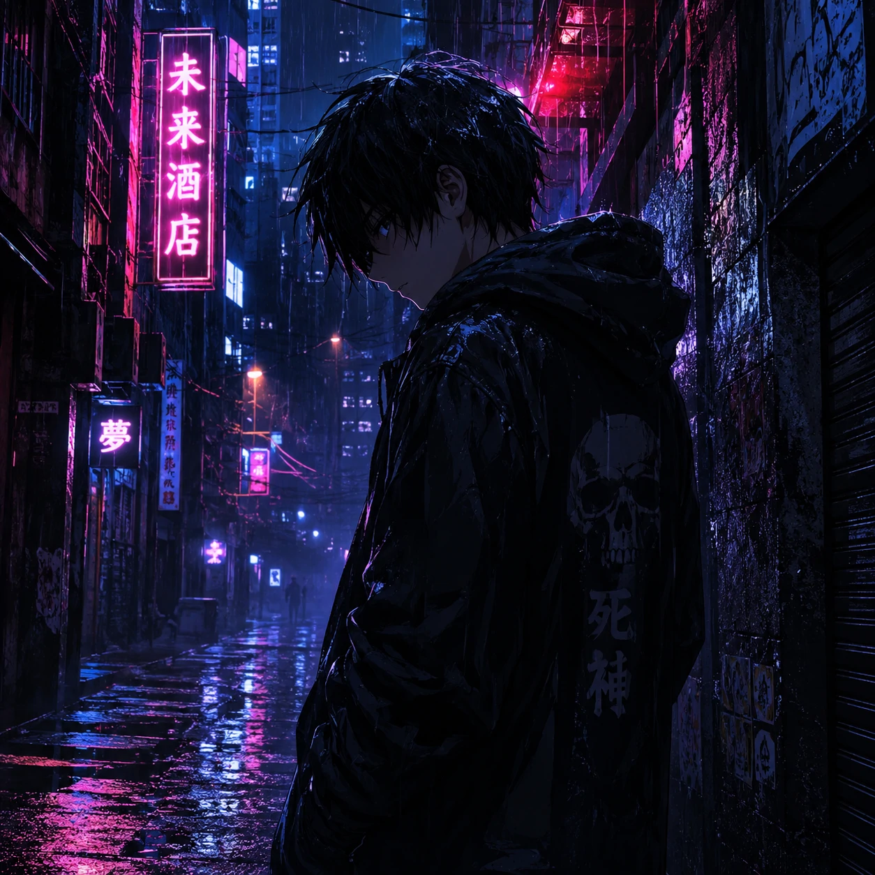 Dark anime boy profile picture standing in a rainy neon-lit alley