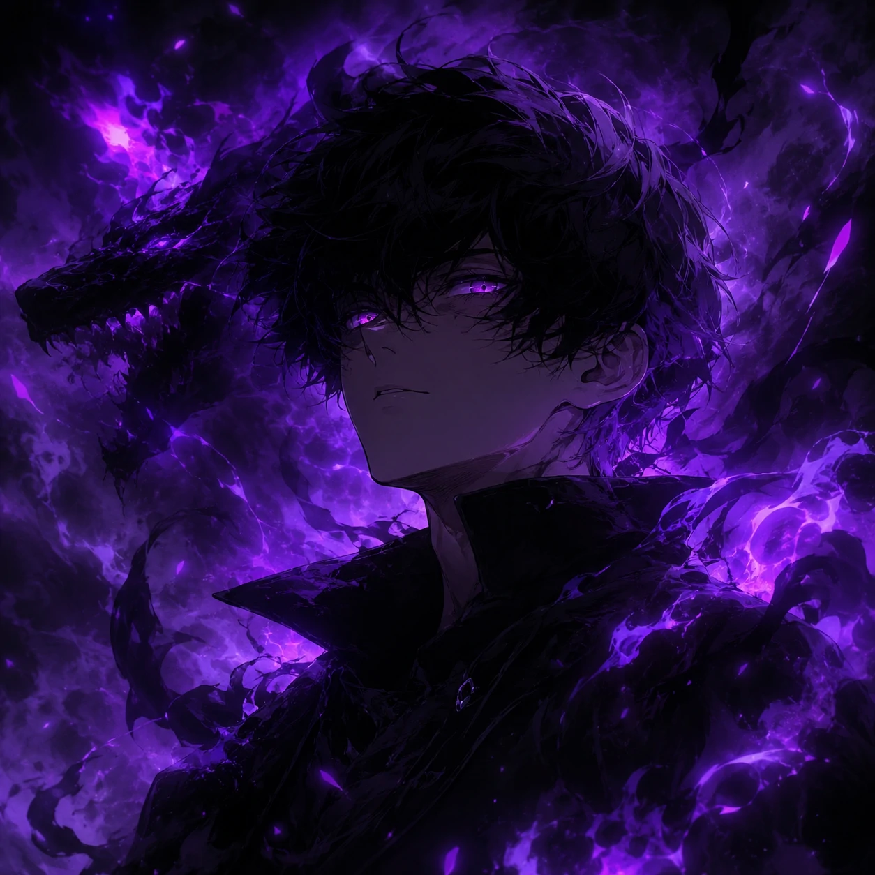 Dark anime boy PFP surrounded by swirling purple smoke aura
