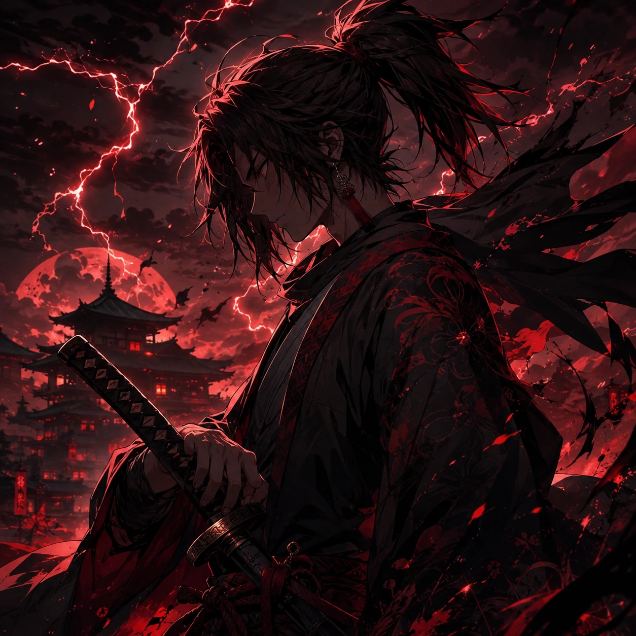 Cool samurai anime boy PFP for Discord with red lightning accents