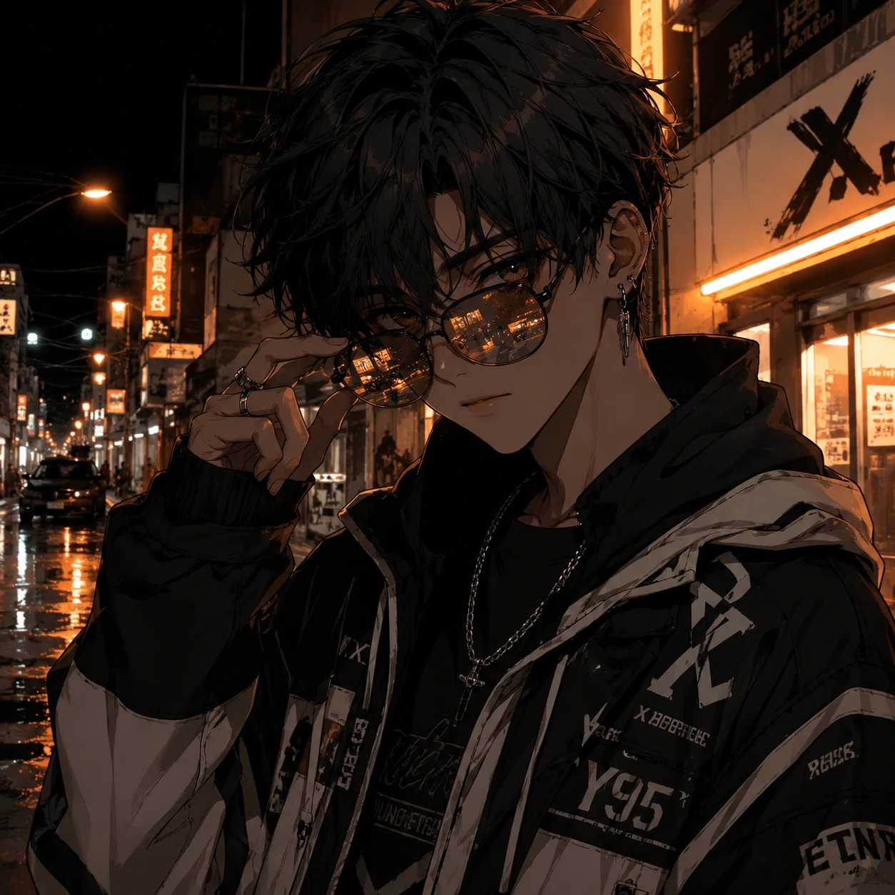 Anime boy Discord PFP in streetwear with reflective glasses