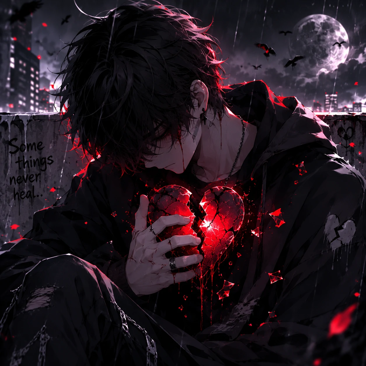 Sad anime boy PFP with a cracked heart motif in dark tones