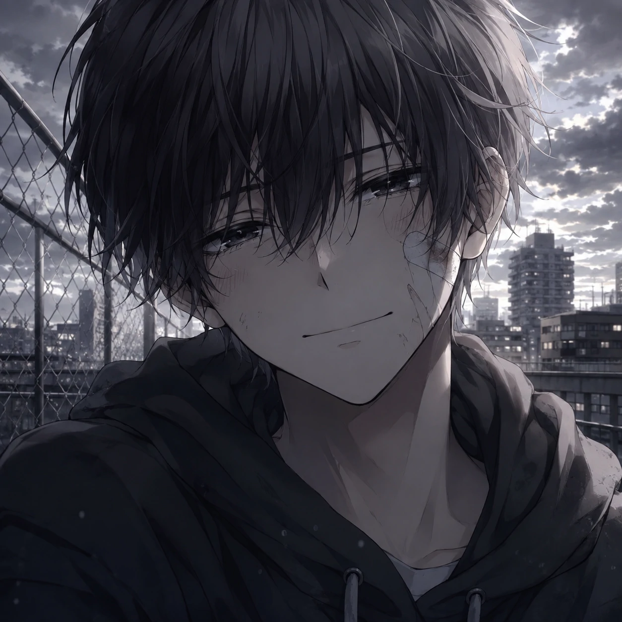 Sad anime boy PFP forcing a small bittersweet smile