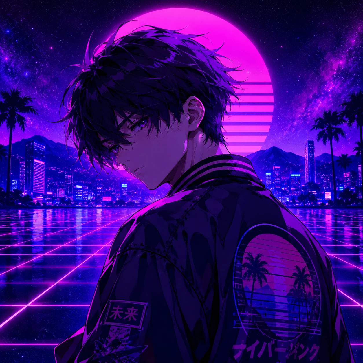 Anime boy PFP with retro vaporwave neon grid and purple glow