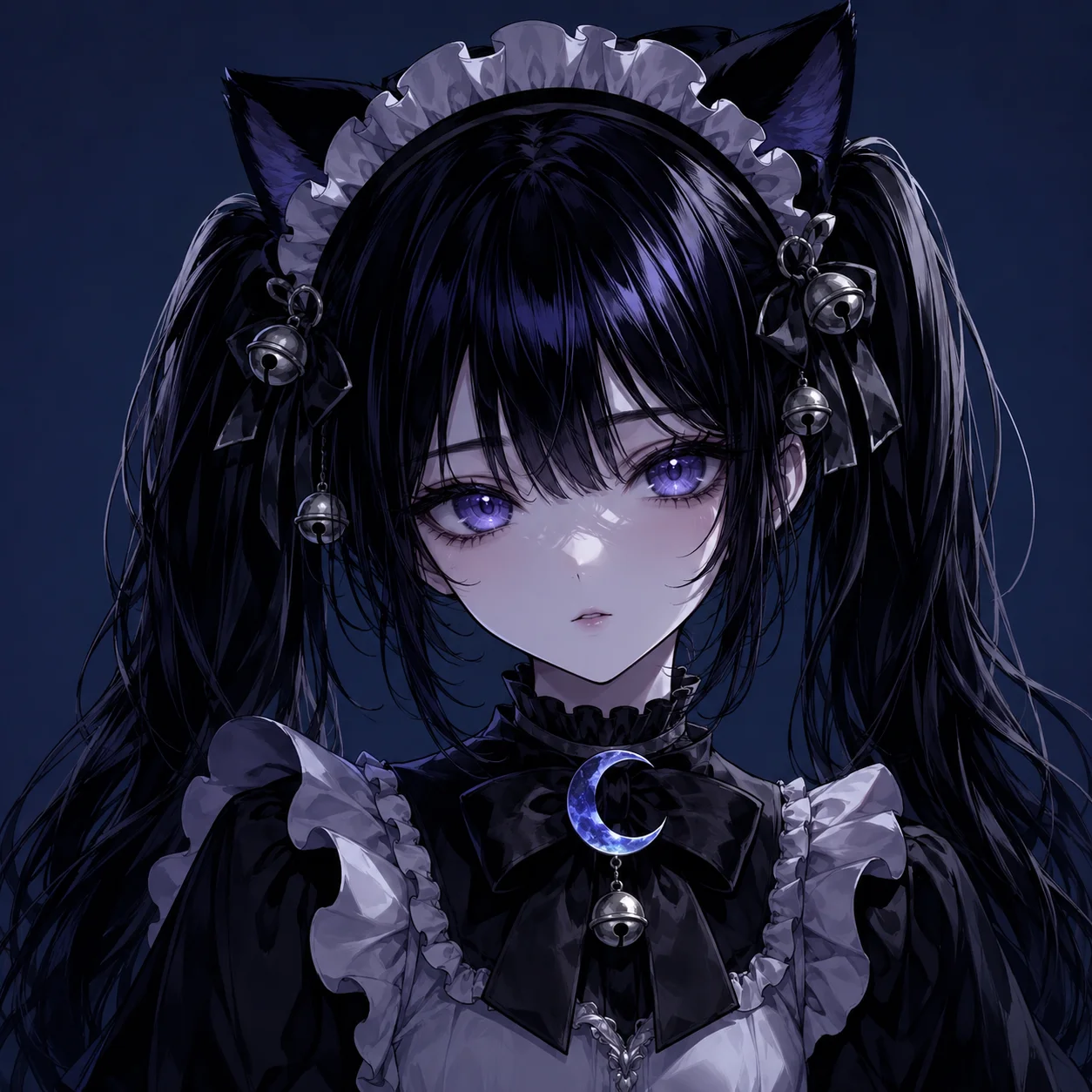 Black-haired anime cat girl pfp in maid outfit with crescent moon for gothic anime profiles
